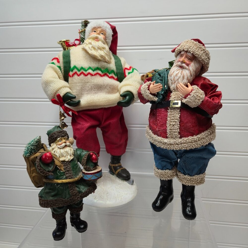 (3) Vintage Holiday Lane Christmas Skating Santa Fabric Mache Cloth Holiday 12”